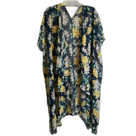 Navy and Yellow Floral‎ Short Sleeve Kimono One Size - Picture 1 of 9